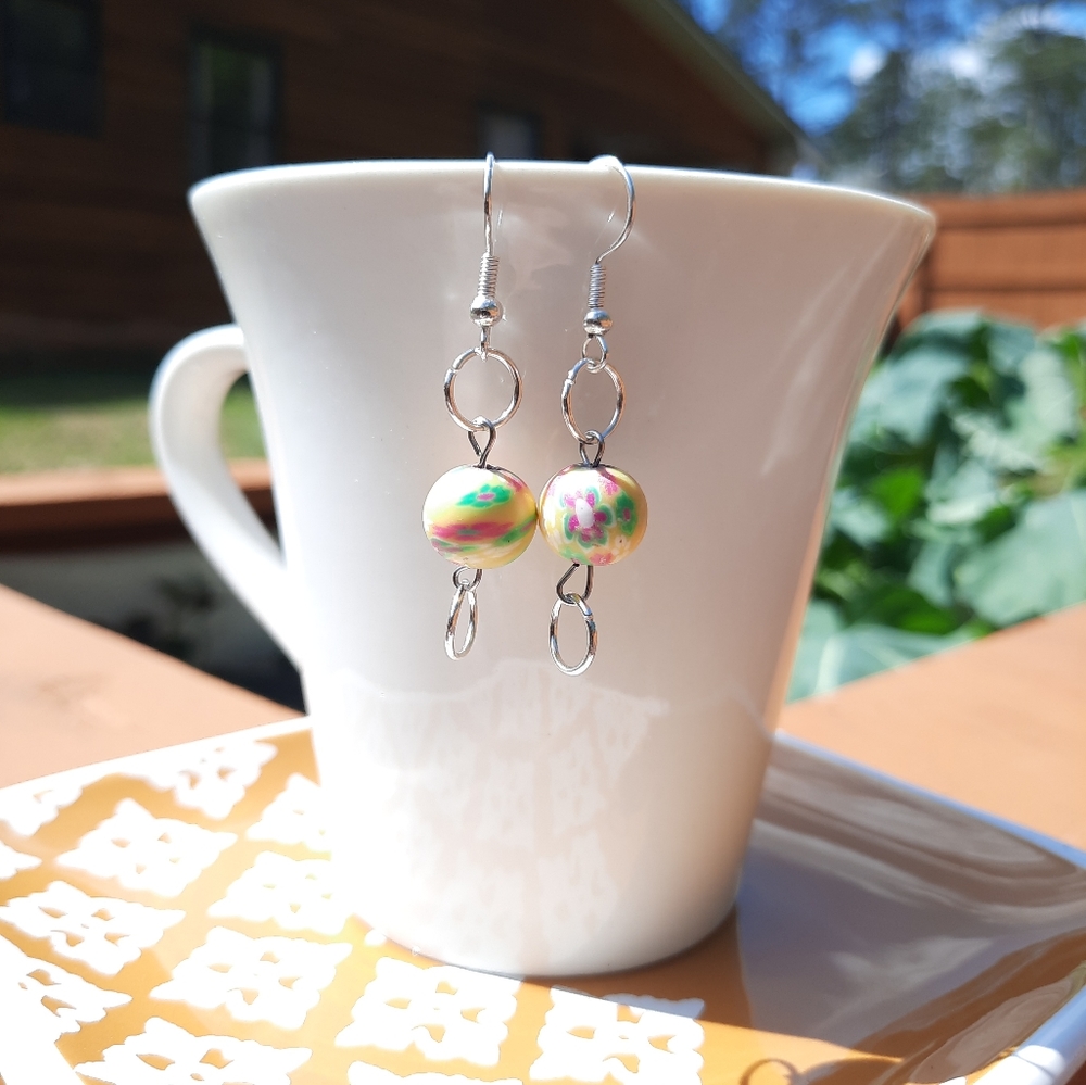 Yellow Floral Bead Circle Dangle Silver Earrings